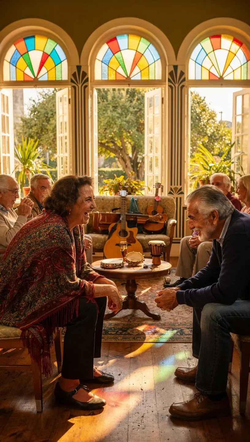 Imagem de evento cultural com grupos discutindo.